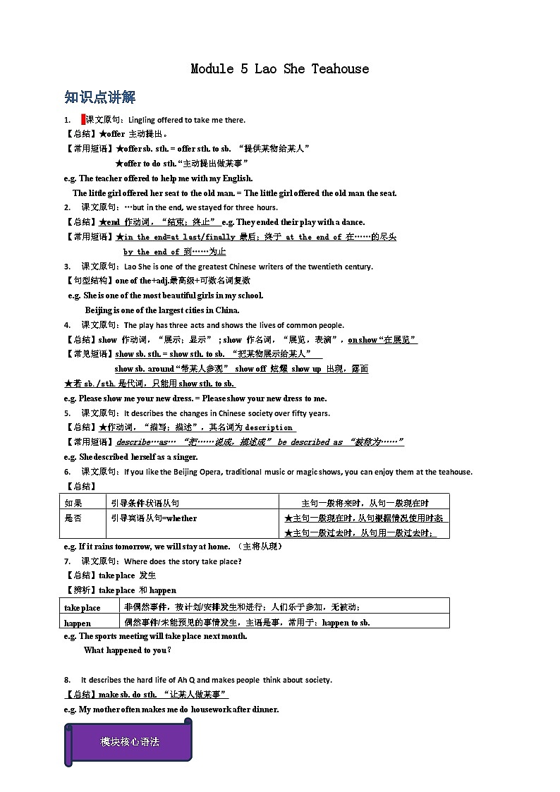 Module 5 Lao She Teahouse【弯道超车】暑假新八年级英语 知识点讲解+例题精炼（含答案）（外研版）01