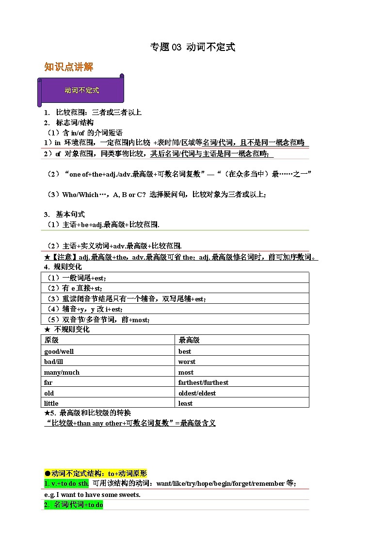专题03 动词不定式【弯道超车】暑假新八年级英语 语法知识点讲解+例题精炼（含答案）（外研版）01