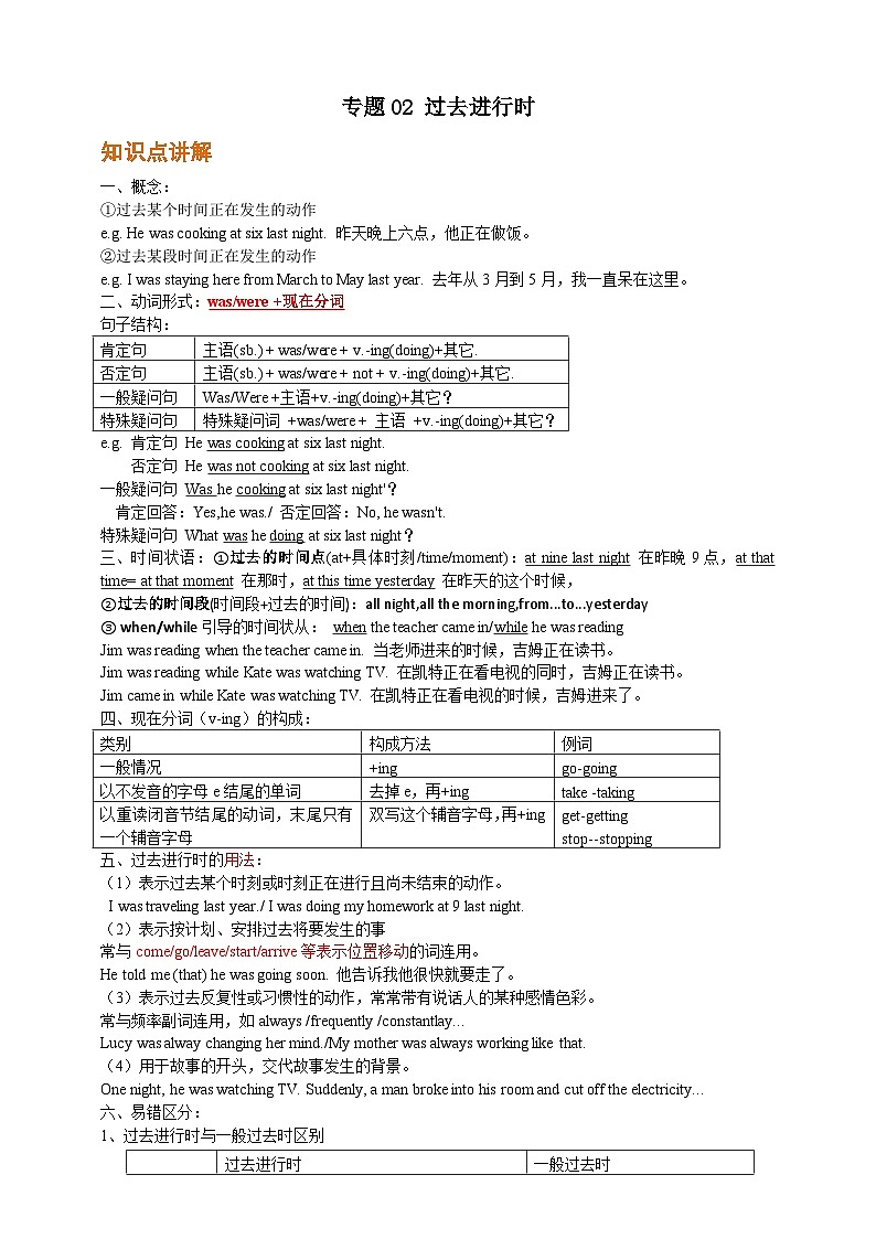 专题02 过去进行时【弯道超车】暑假新九年级英语语法知识点讲解+例题精炼（人教版）（含答案）01