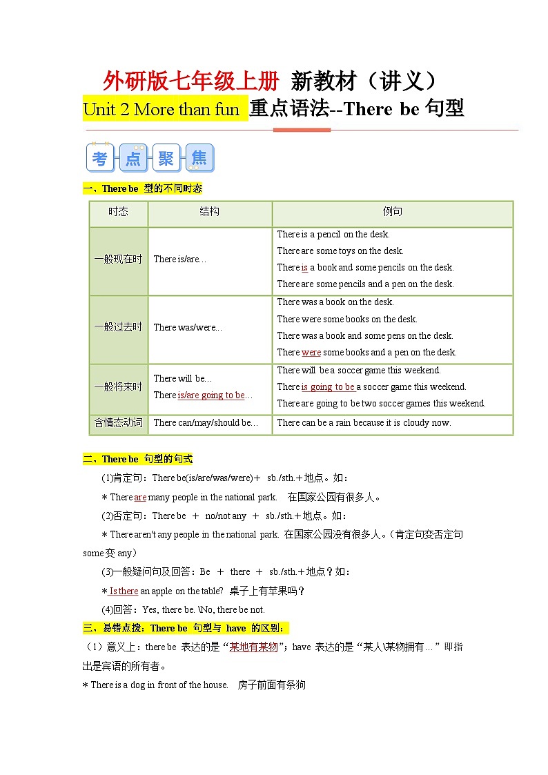 外研版（2024）七年级上册 Unit 2 More than fun 单元语法：there be句型+练习（教师版+学生版）01