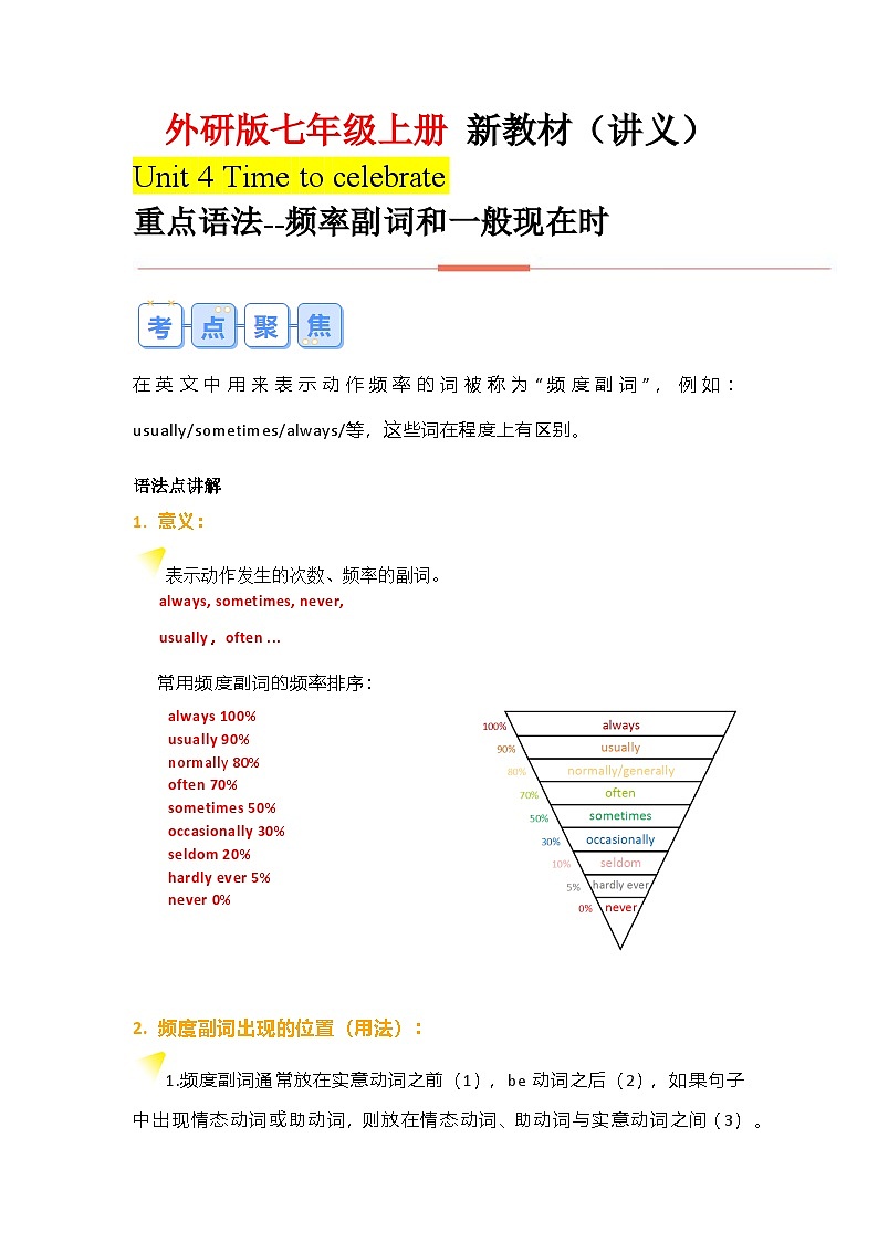 外研版（2024）七年级上册 Unit 4 Time to celebrate单元语法：频率副词和一般现在时+练习（教师版+学生版）01