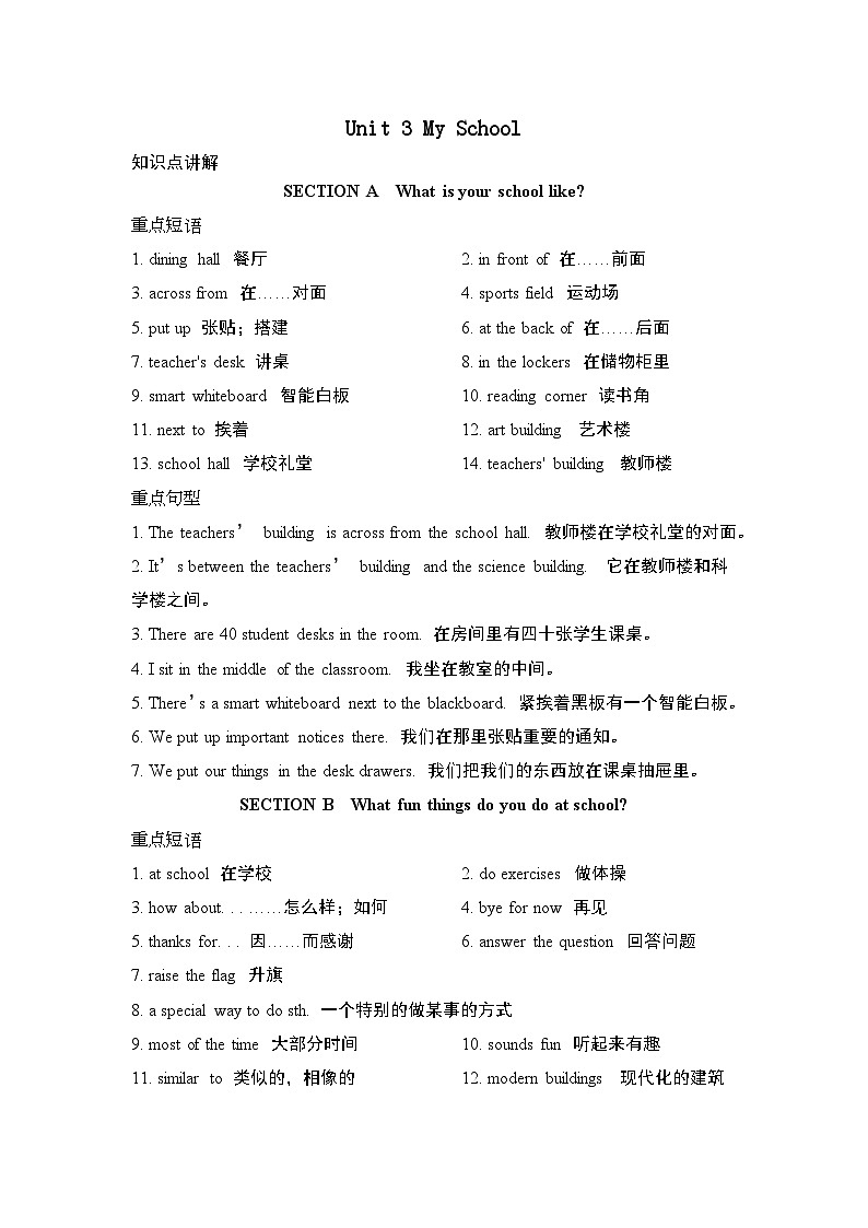 Unit 3 My School【弯道超车】暑假新七年级英语  知识点讲解+例题精炼 人教新目标(Go for it)版（2024）01