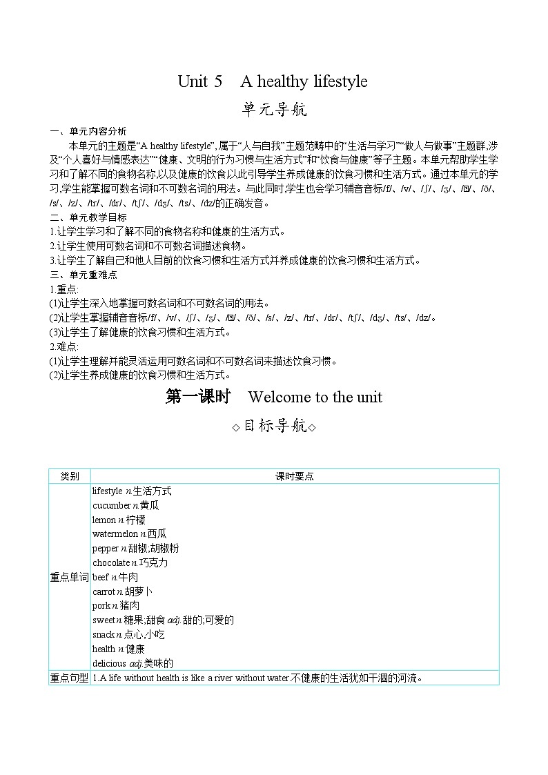 Unit 5 A healthy lifestyle（教案）-- 2024-2025学年译林版七年级英语上册01