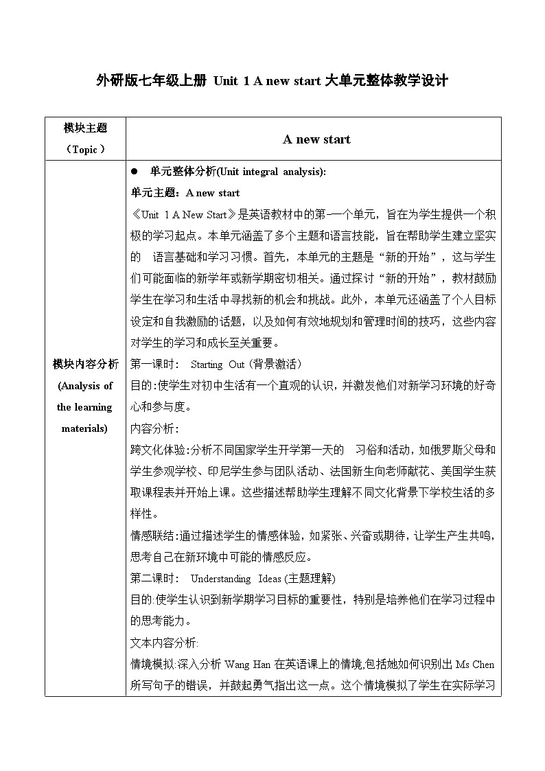 【新课标新教材】外研版七年级上册 Unit 1 A new start大单元整体教学设计第四课时Reading for Writing第1页