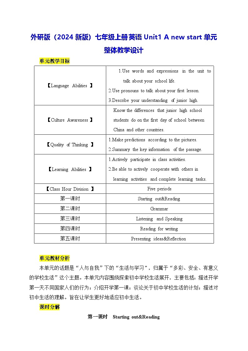 外研版（2024新版）七年级上册英语Unit1 A new start单元整体教学设计01