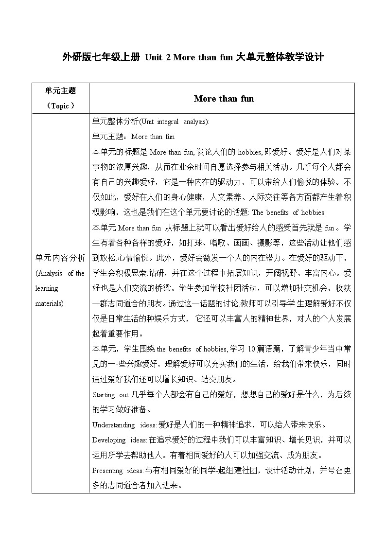 【新课标新教材】外研版七年级上册 Unit 2 More than fun大单元整体教学设计第四课时Developing Ideas ( Reading and writing)01