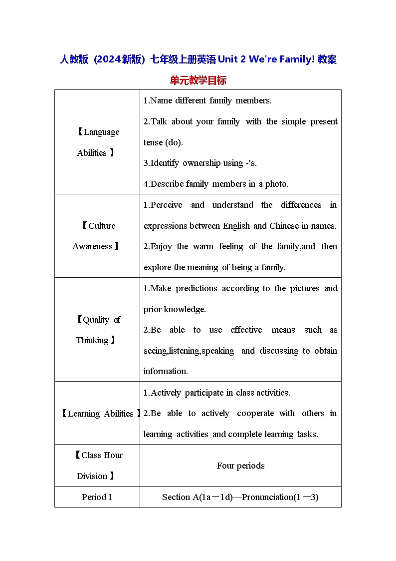 人教版（2024新版）七年级上册英语Unit 2 We're Family! 教案第1页
