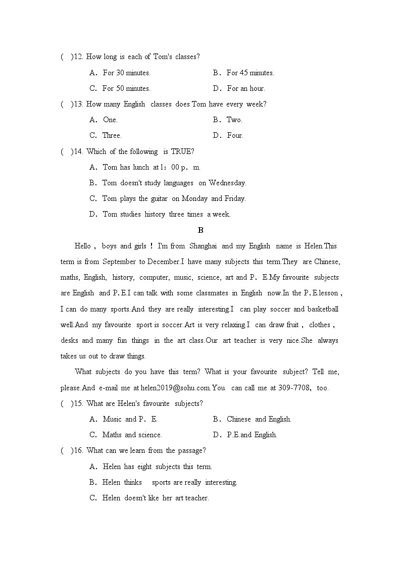 人教版（2024）英语七年级上册 UNIT  4 学情评估03