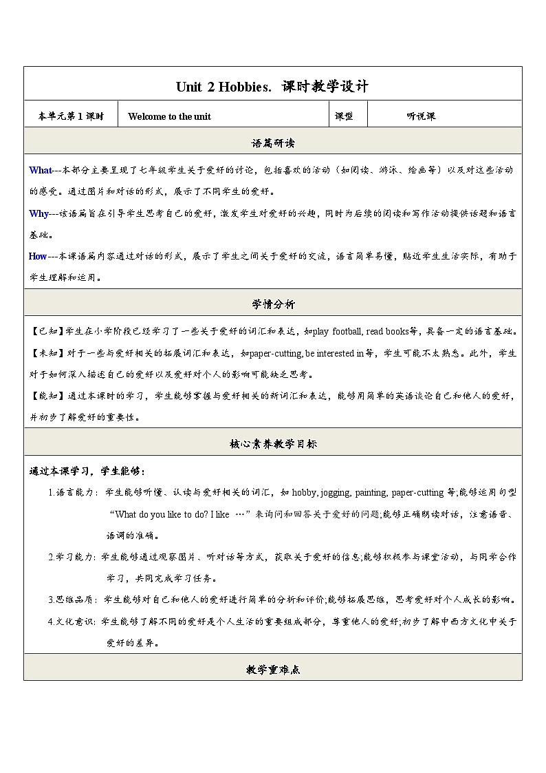 【新教材】牛津译林版英语七年级上册Unit2 Hobbies第1课时Welcome to the unit 课件+单元整体教学设计+课时教案01
