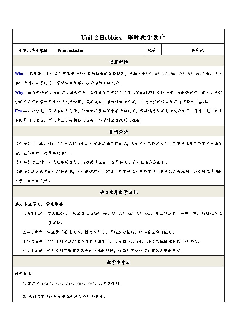 【新教材】牛津译林版英语七年级上册Unit2 Hobbies第4课时Pronunciation 课件+单元整体教学设计+课时教案01