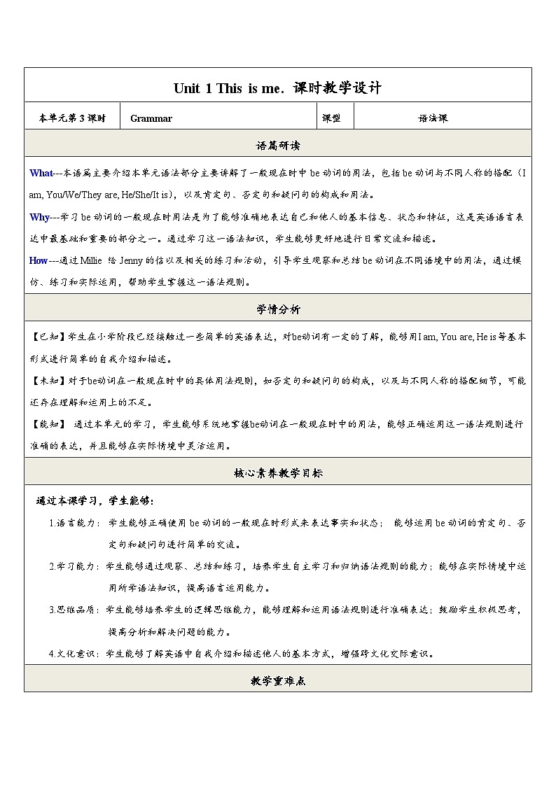 【新教材】牛津译林版英语七年级上册Unit1 This is me第3课时Grammar课件+单元整体教学设计+课时教案01