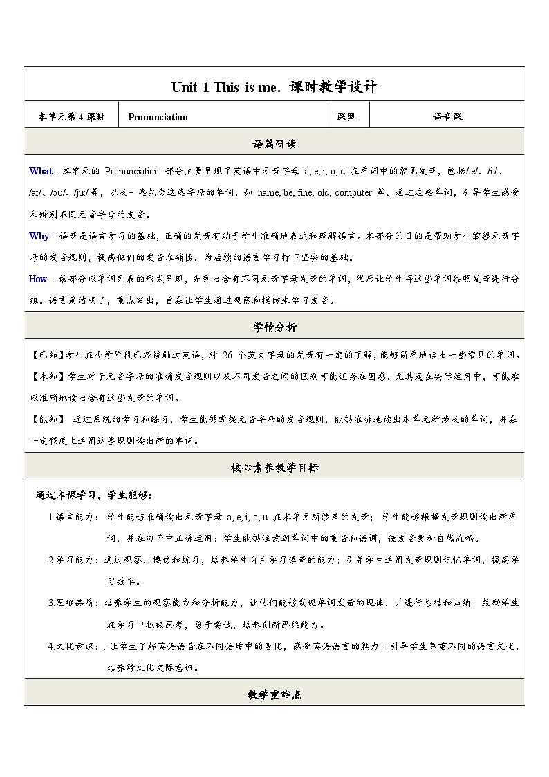 【新教材】牛津译林版英语七年级上册Unit1 This is me第4课时Pronunciation课件+单元整体教学设计+课时教案01