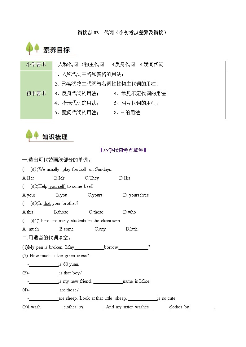 七年级英语暑期衔接讲义-代词第1页
