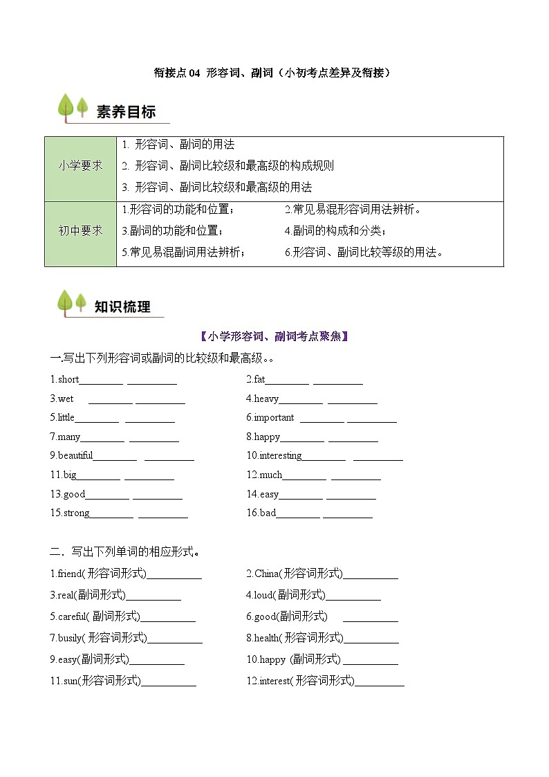 七年级英语暑期衔接讲义-形容词和副词第1页