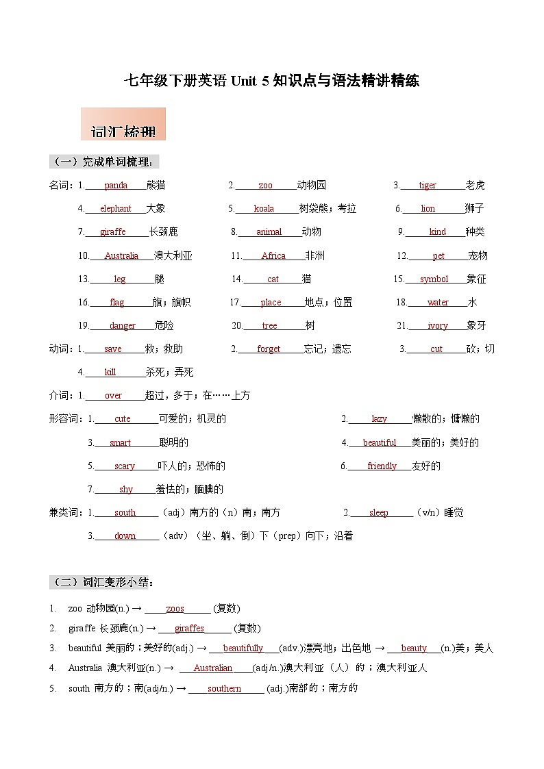 人教版七年级下册英语Unit 5知识点梳理及语法讲义（教师版+学生版）01