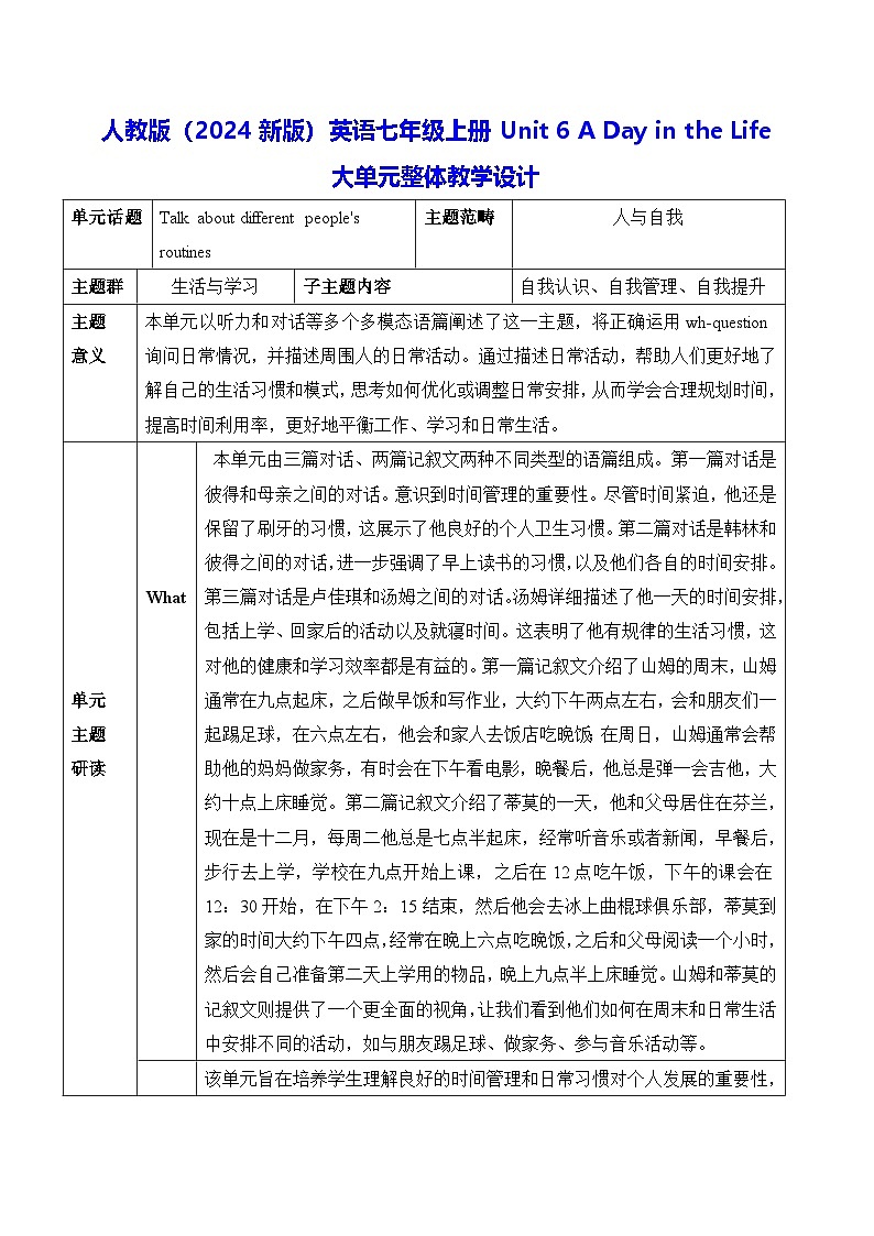 人教版（2024新版）英语七年级上册Unit 6 A Day in the Life大单元整体教学设计01