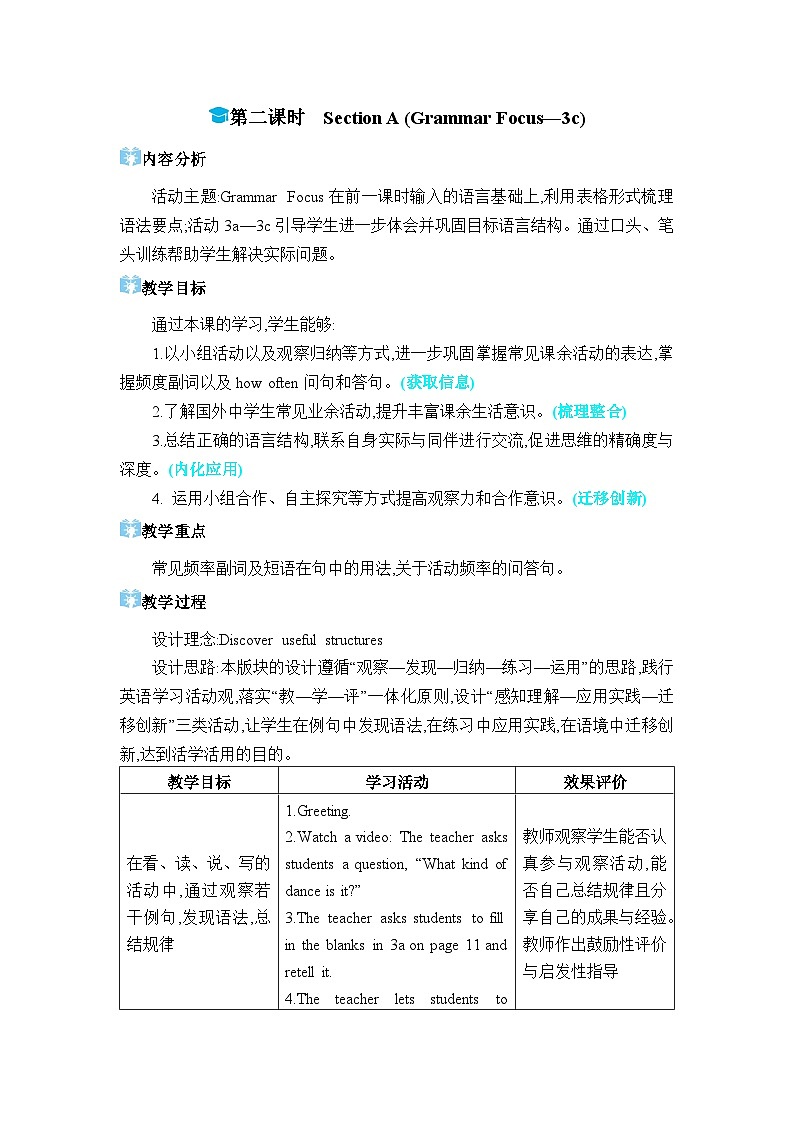 2024人教版八上英语Unit 2 How often do you exercise第二课时Section A (Grammar Focus-3c)教案第1页