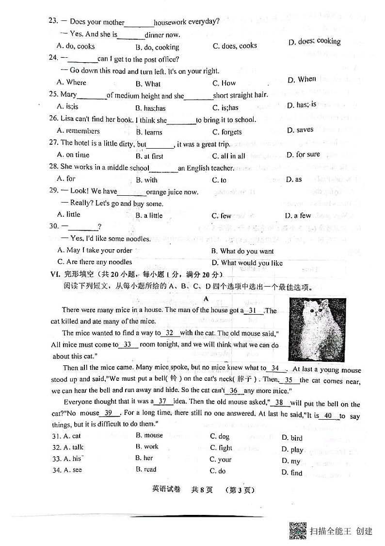 安徽宿州泗县2021-2022学年七年级下学期期末教学质量检测英语试卷第3页