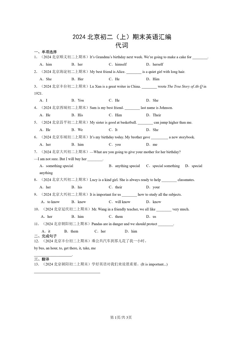 [英语]2024北京初二上学期期末真题分类汇编：代词第1页