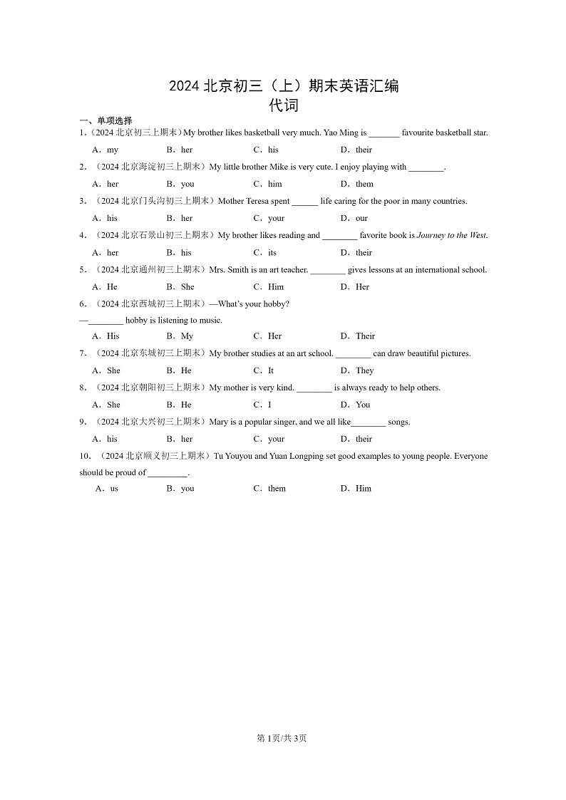 [英语]2024北京初三上学期期末真题分类汇编：代词第1页