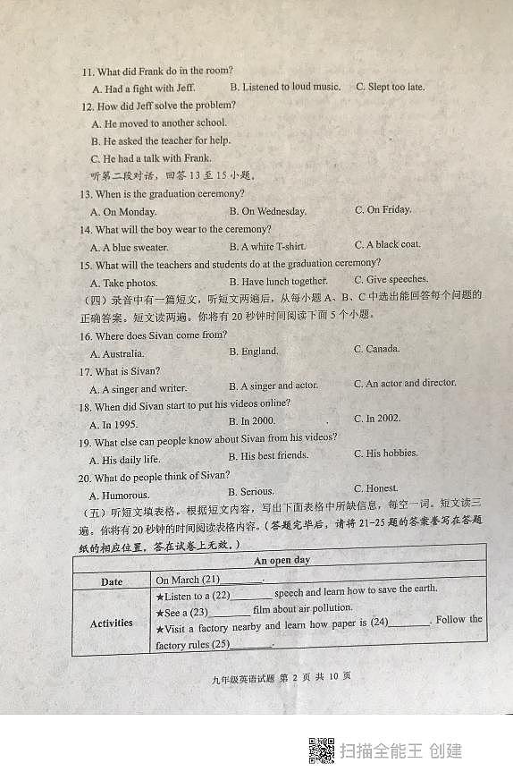 山东省泰安市东平县2021--2022学年九年级上学期期末考试英语试题02