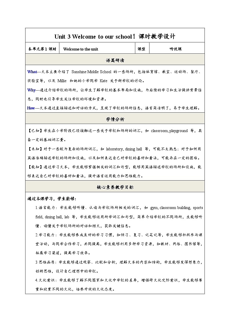 【新教材】牛津译林版英语七年级上册Unit3 Welcome to our school第1课时Welcome to the unit 课件+单元整体教学设计+课时教案01
