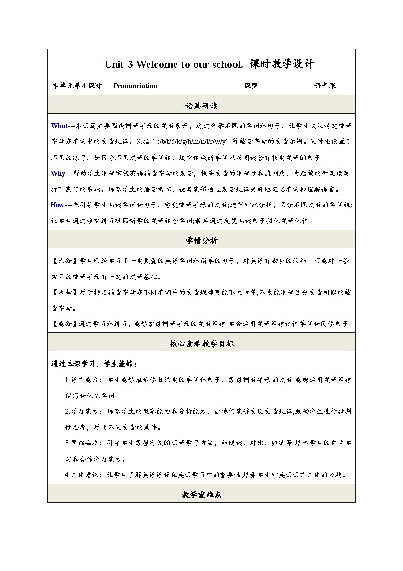 【新教材】牛津译林版英语七年级上册Unit3 Welcome to our school第4课时Pronunciation 课件+单元整体教学设计+课时教案01