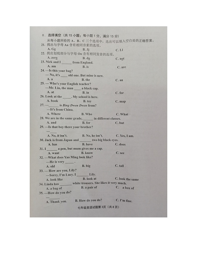 福建省龙岩市长汀县2022-2023学年七年级上学期期中考试英语试题第3页