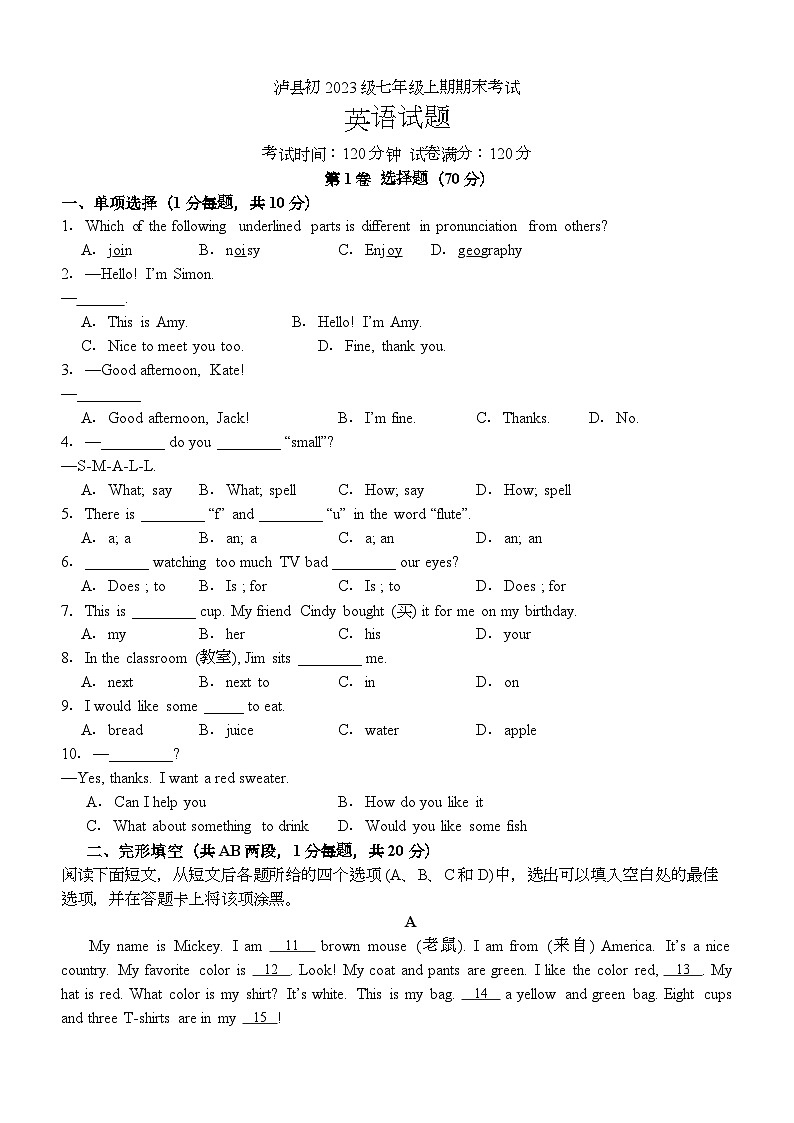 2023-2024学年四川省泸州市泸县七年级（上）期末英语试卷第1页