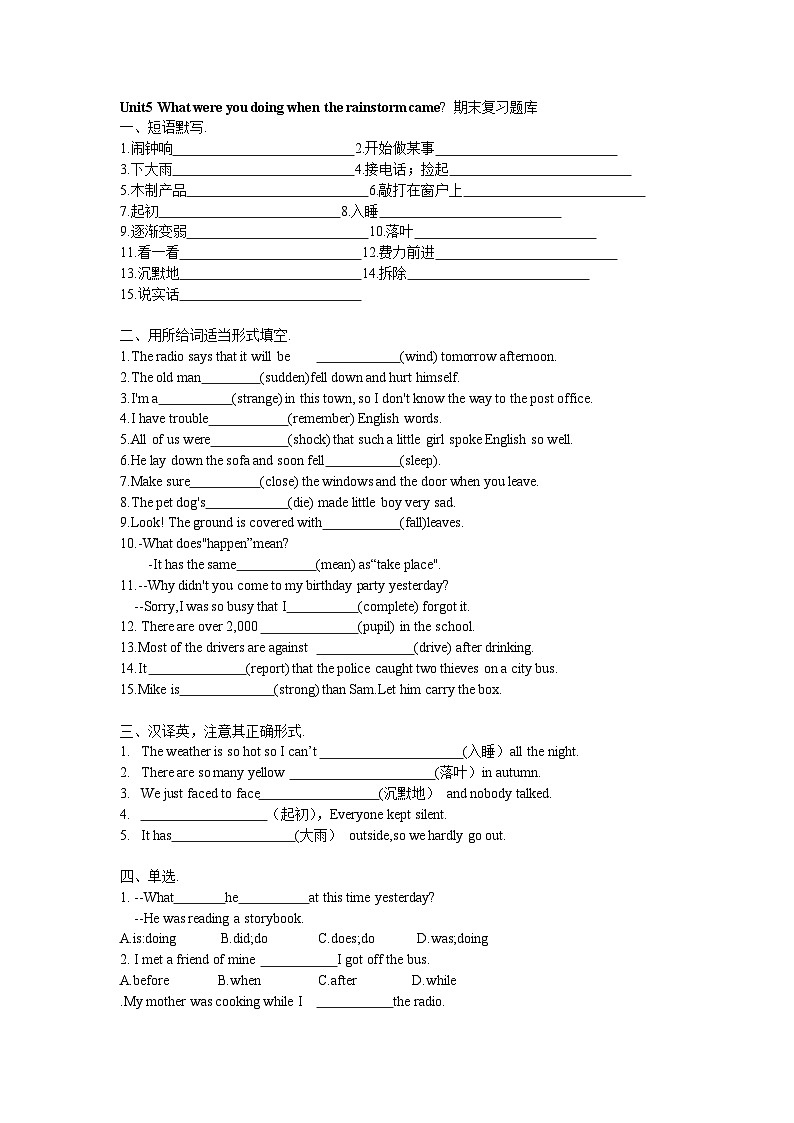 人教版八年级英语下册Unit 5 What were you doing when the rainstorm came 期末复习单元短语习题训练第1页
