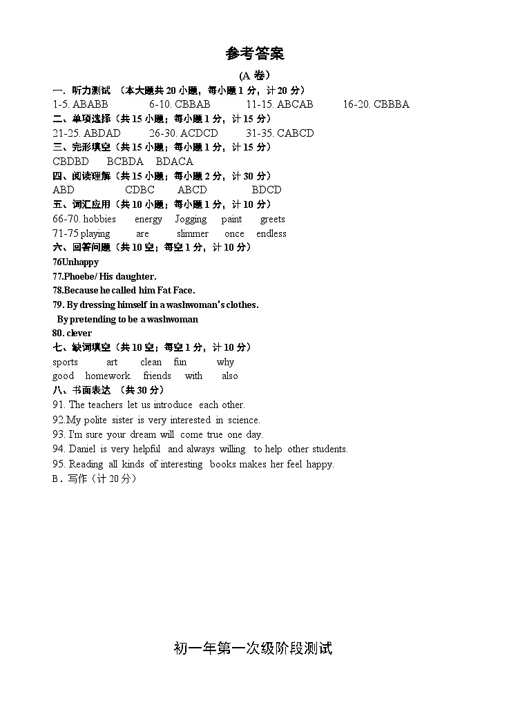 江苏省扬州树人学校2024-2025学年七年级上学期9月练习英语试卷01