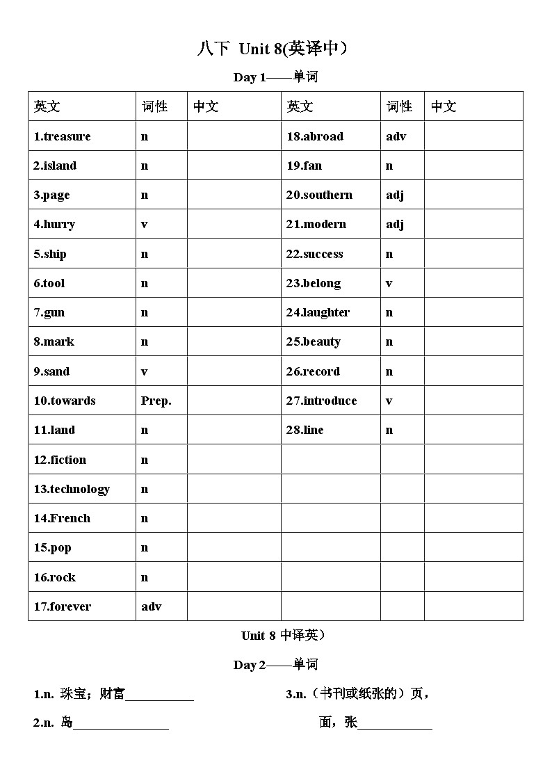 人教版英语八年级下册  Unit 8 Have you read Treasure Island yet  英译汉 汉译英 语法 学案第1页