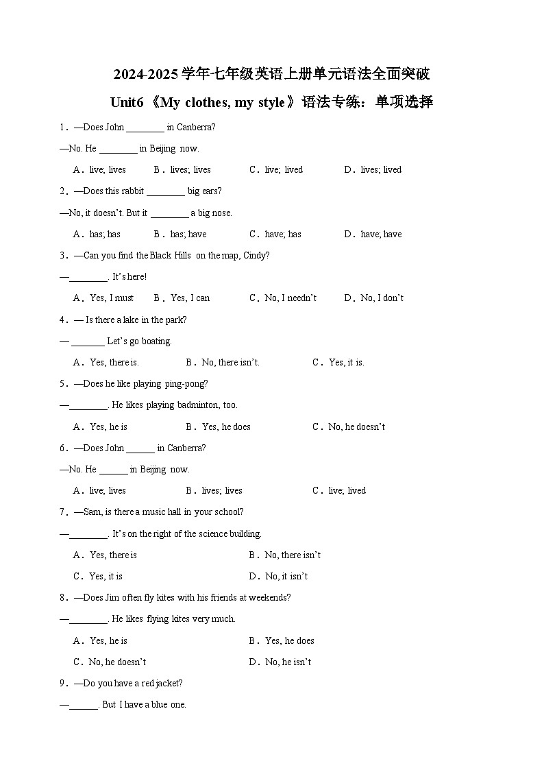 Unit6《My clothes, my style 》语法专练：单项选择-2024-2025学年七年级英语上册单元语法（译林版2024）第1页