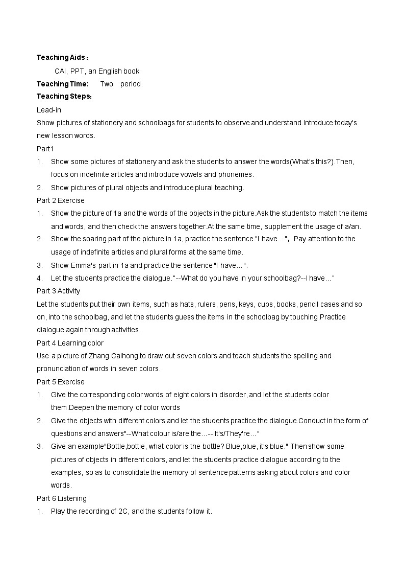 人教版初中英语Stater Unit 2 Keep tidy 教学设计第2页