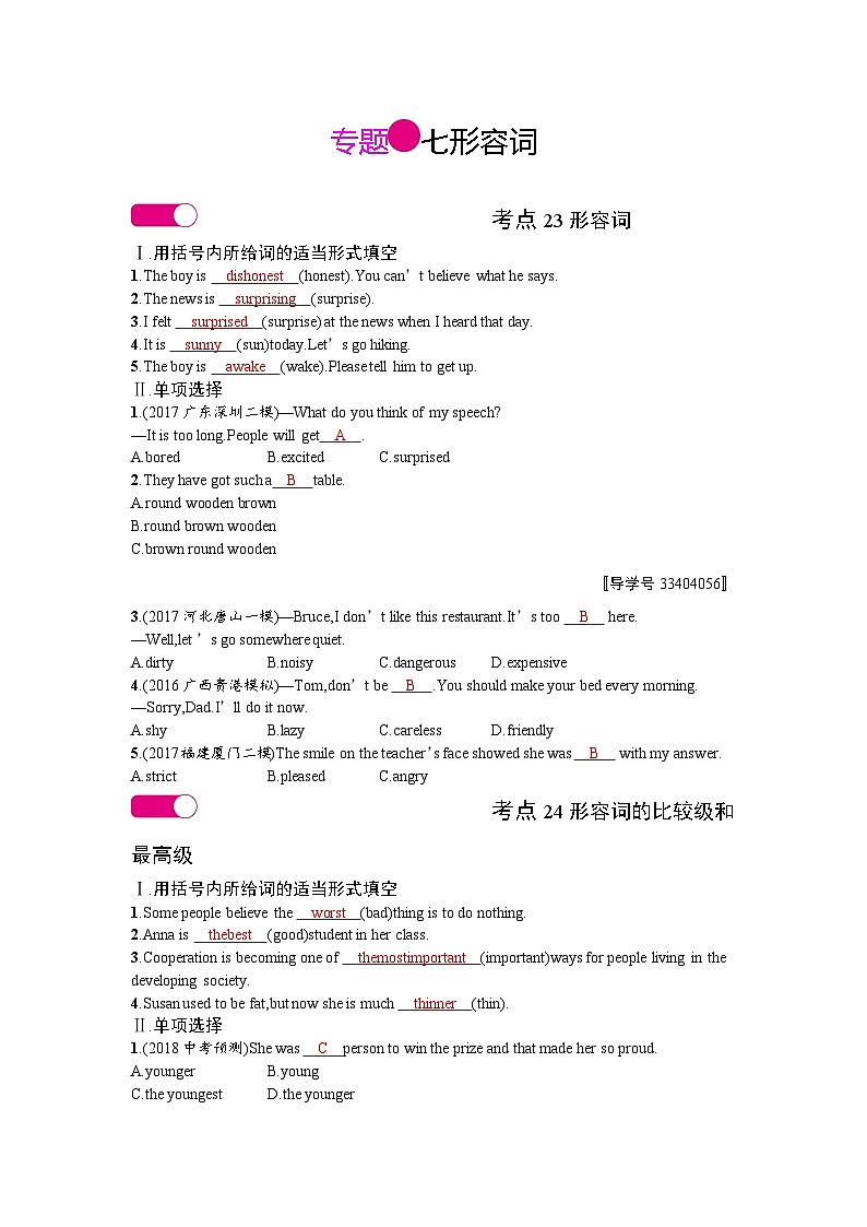 中考英语总复习考点精练+专题检测：形容词和副词1第1页
