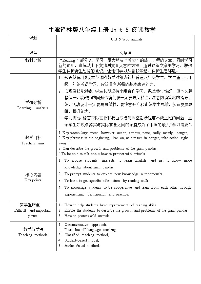 译林版英语八年级上册Unit 5 Wild animalsReading 1 Giant pandas教案01
