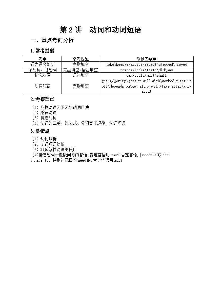 2025年中考英语一轮复习专项动词和动词短语（讲义+真题练习）第1页