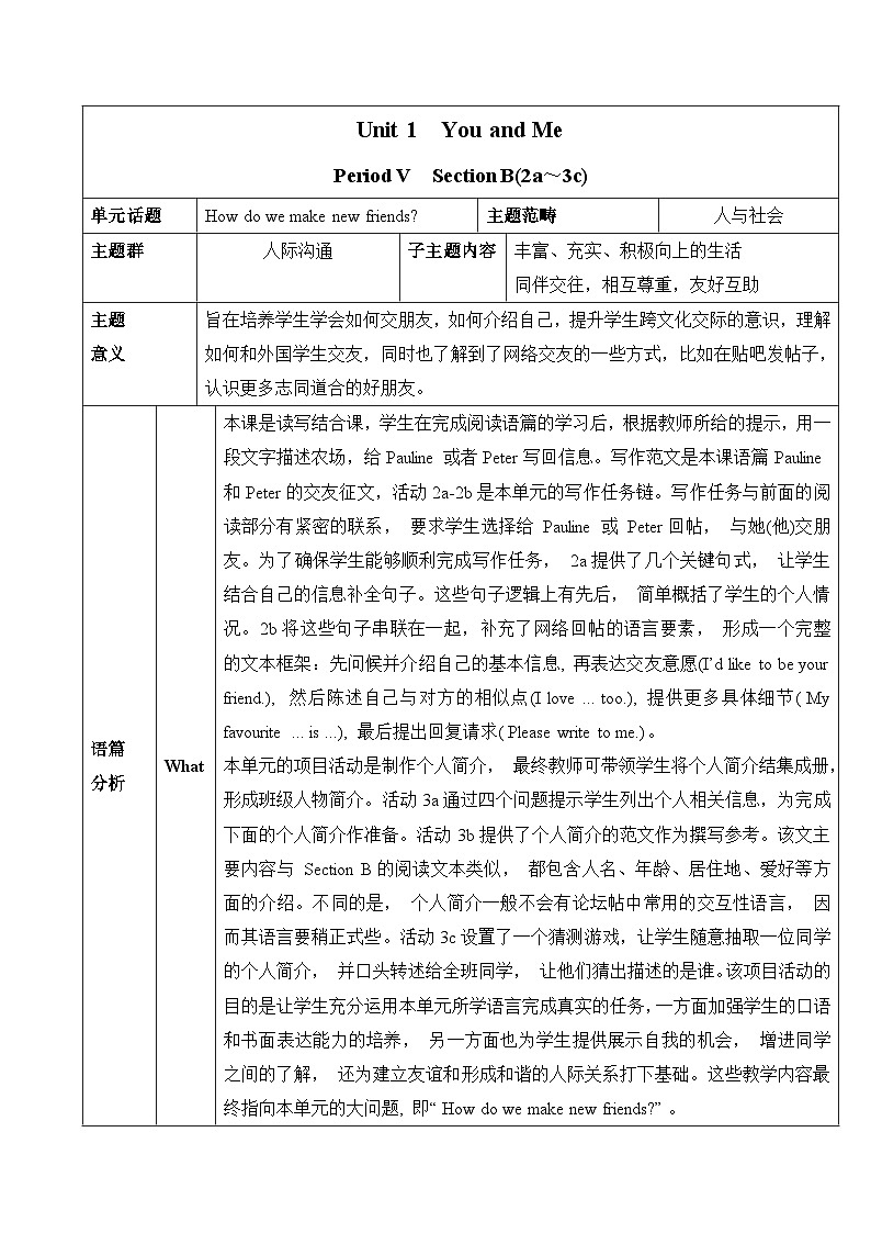 Unit 1  You and Me Section B (2a～3c)教学设计 2024-2025学年人教版英语七年级上册..第1页