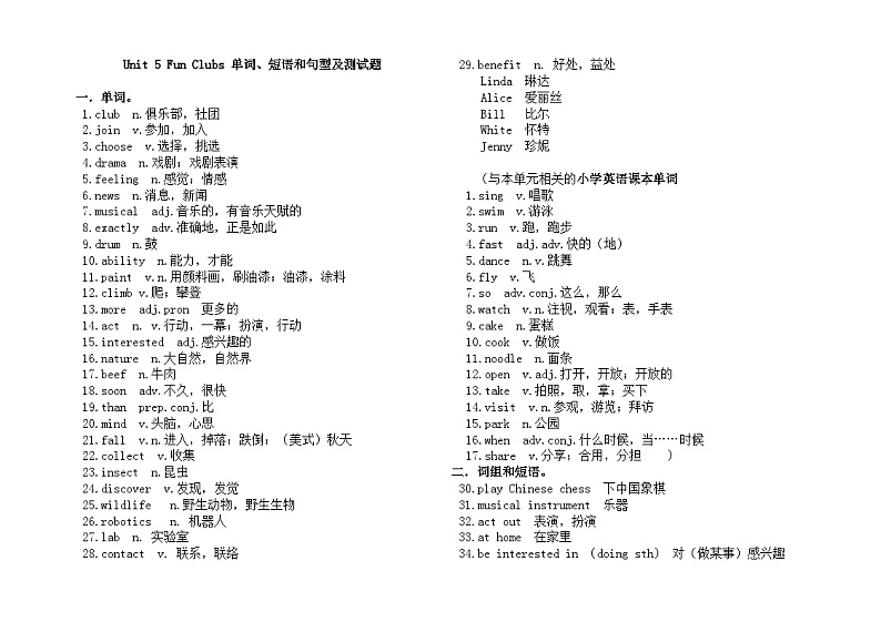 Unit  5 Fun Clubs 单词、短语和句型及测试题2024-2025学年人教版英语七年级上册第1页