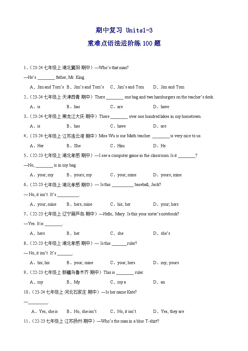 期中复习 Units1-3 重难点语法进阶练100题（学生版） 2024-2025学年七年级英语上册重难点讲练全攻略（外研版2024）第1页