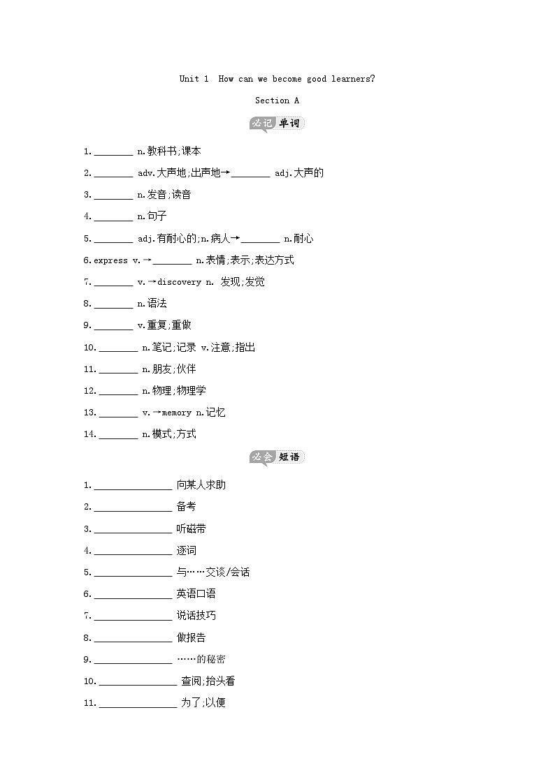 人教版九年级英语Unit 1How can we become good learners基础知识梳理第1页