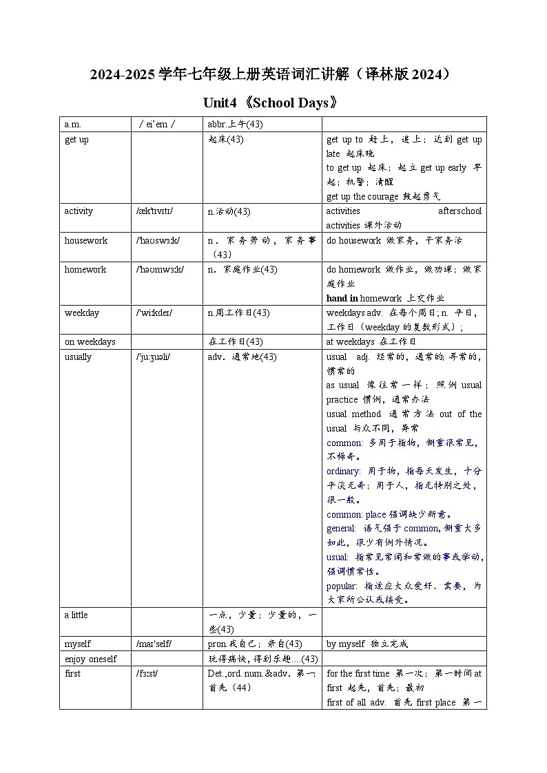 Unit4《School Days》-2024-2025学年七年级上册英语词汇讲解讲义（译林版2024）第1页