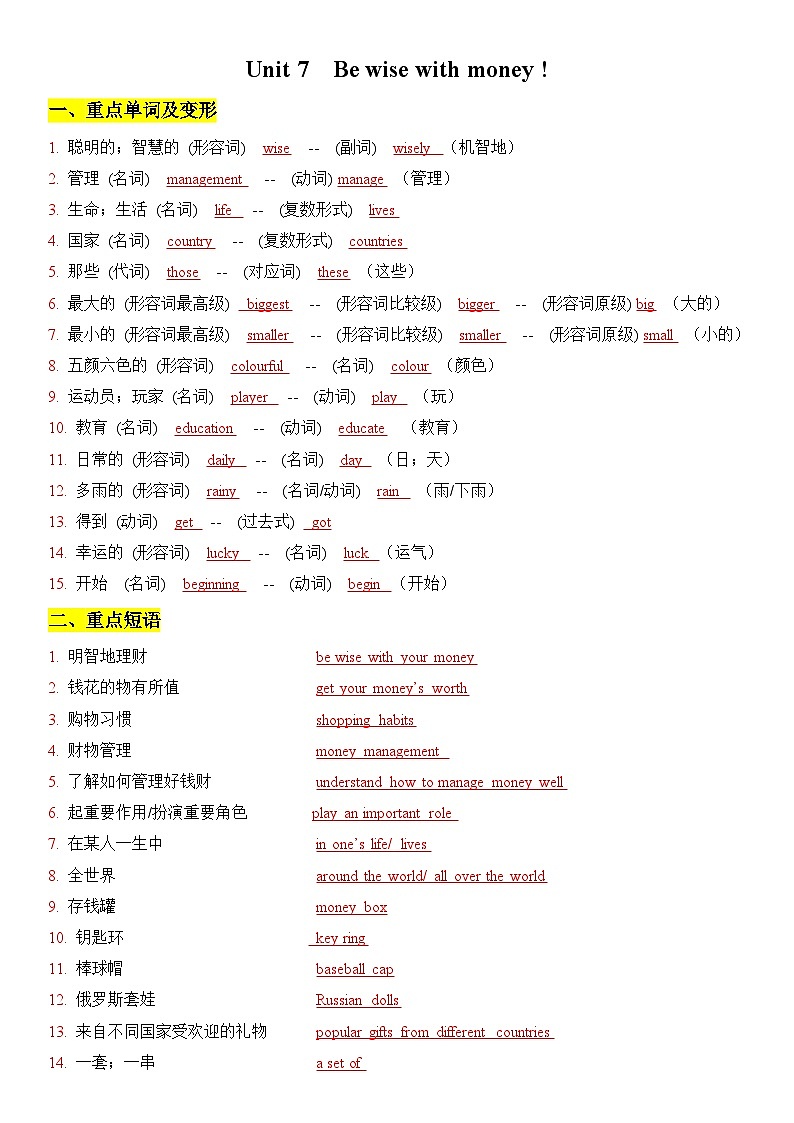 新译林版初中英语七上第七单元 - 复习知识点题纲01
