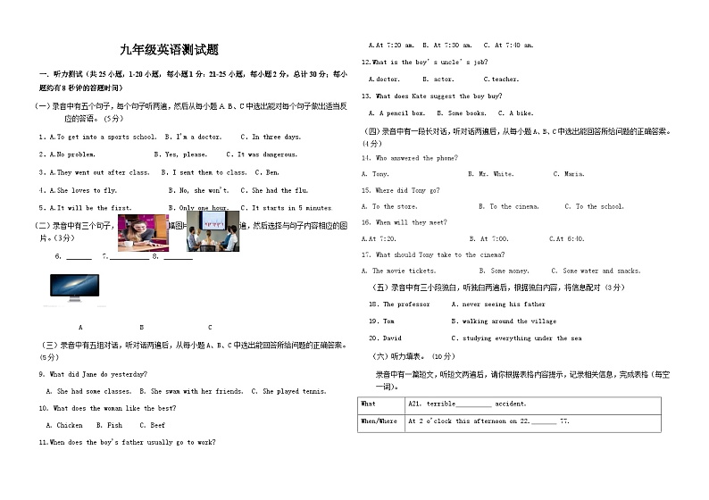 山东省禹城市张庄中学2024-2025学年九年级上学期第一次月考英语试题第1页