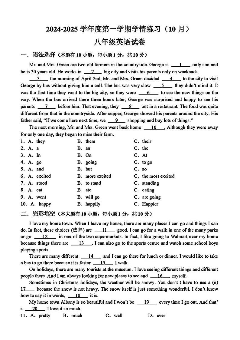广东省茂名市直属学校2024-2025学年八年级上学期10月英语联考试题第1页