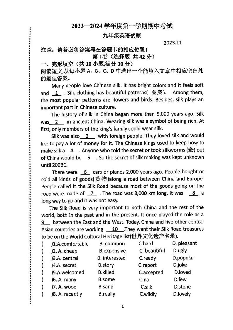 山东省淄博市淄川区2023-2024学年九年级上学期11月期中考试英语试题01