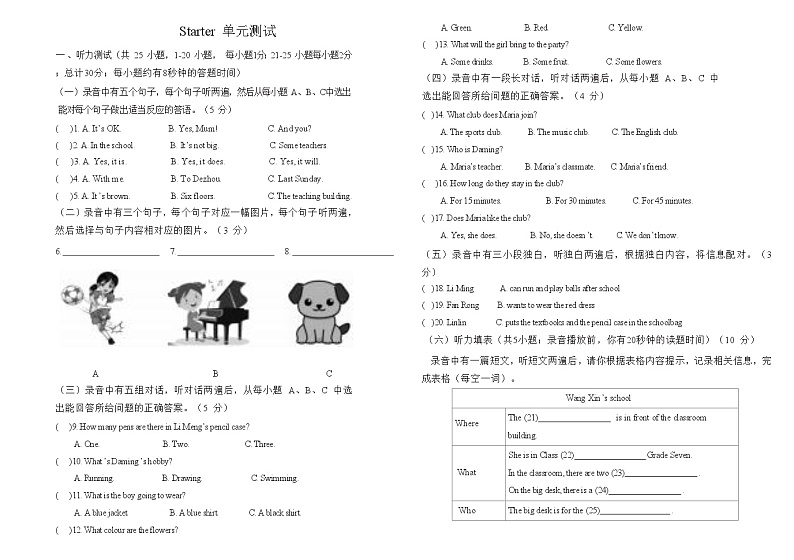 山东省庆云县东辛店中学2024-2025学年度第一学期第一次月考7年级英语试题第1页