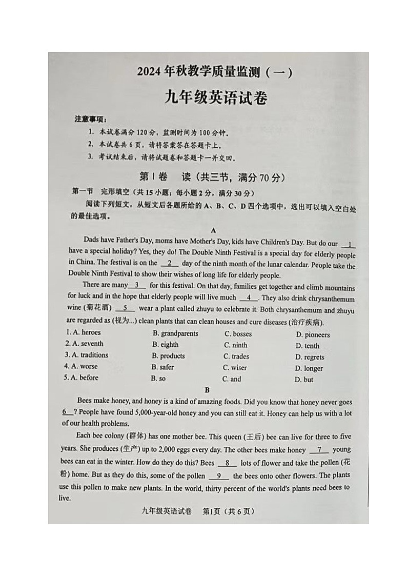 四川省德阳市中江县2024-2025学年九年级上学期第一次月考英语试题01
