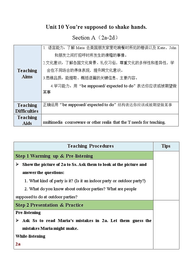最新人教新目标版九上英语Unit10SectionA（2a-2d）【教案】01