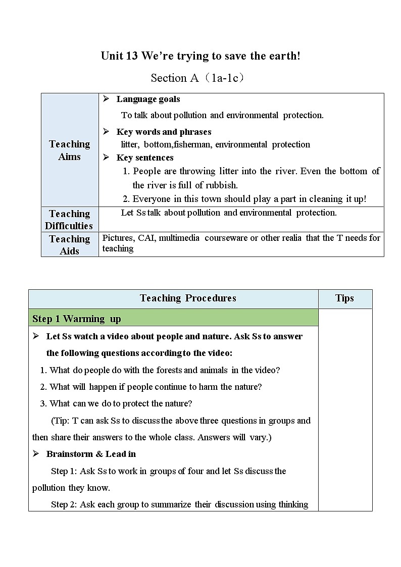 最新人教新目标版九下英语Unit13SectionA(1a-1c)【教案】01